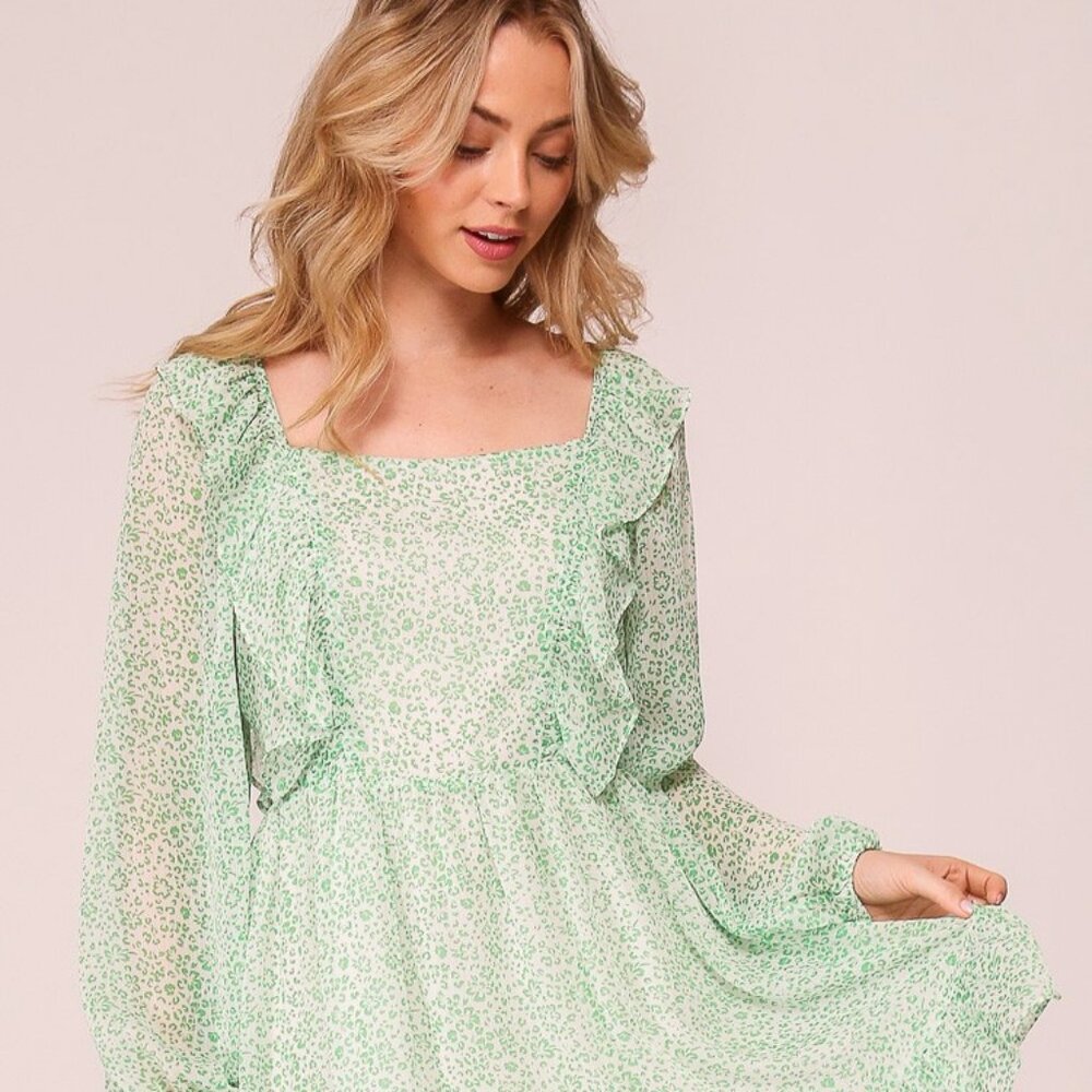 Lumiere Mint Green Floral Ruffle Open Back Mini Dress Long Sleeve Cottagecore Sp